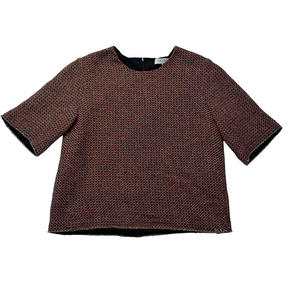 Sandro Paris Tweed Top Women's 2 Red Short Sleeve Back‎ Zip
